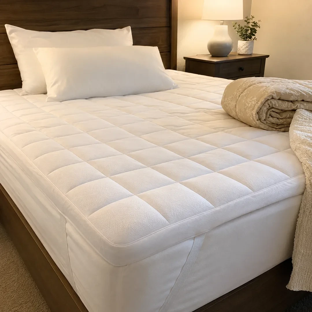 Topper Nuvora sobre a cama num quarto acolhedor